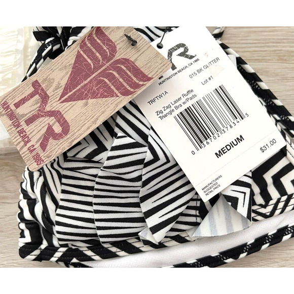 TYR HB Zig Zag Laser Ruffle Triangle Bra w/Pads Bikini Top Black White Sz Medium - Picture 3 of 5
